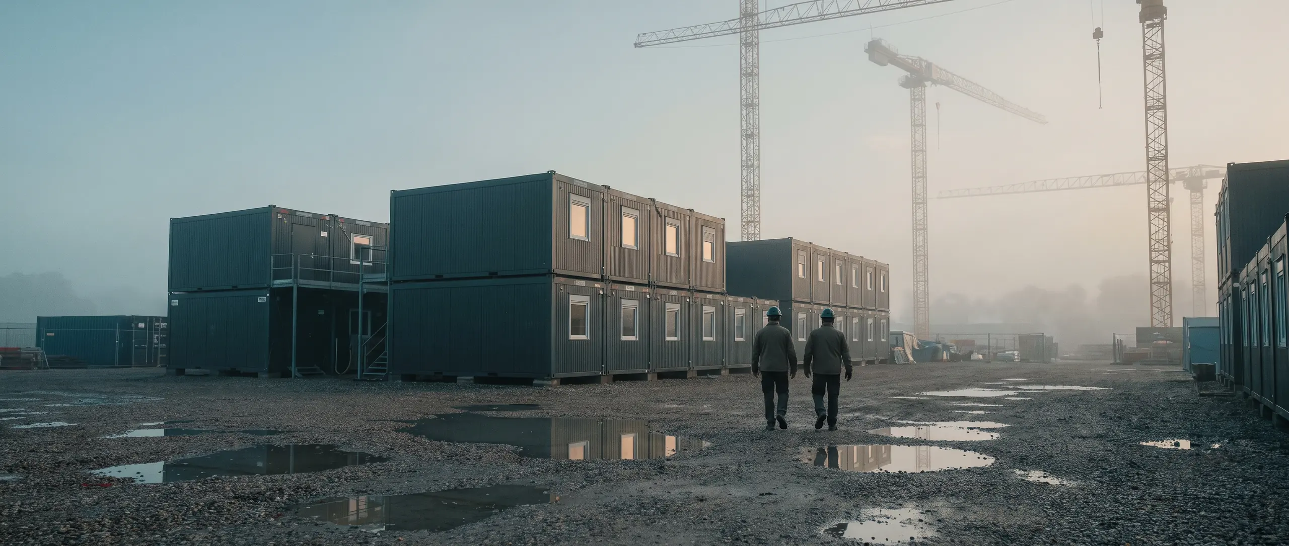 Site cabins on a construction site at dawn