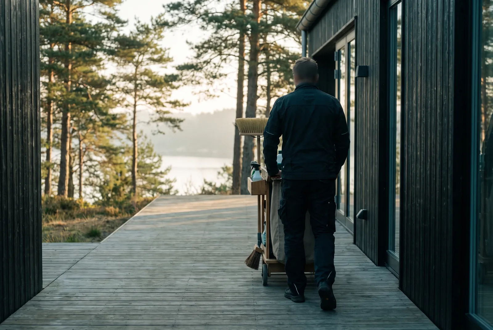A cleaner on the terrace of a holiday home