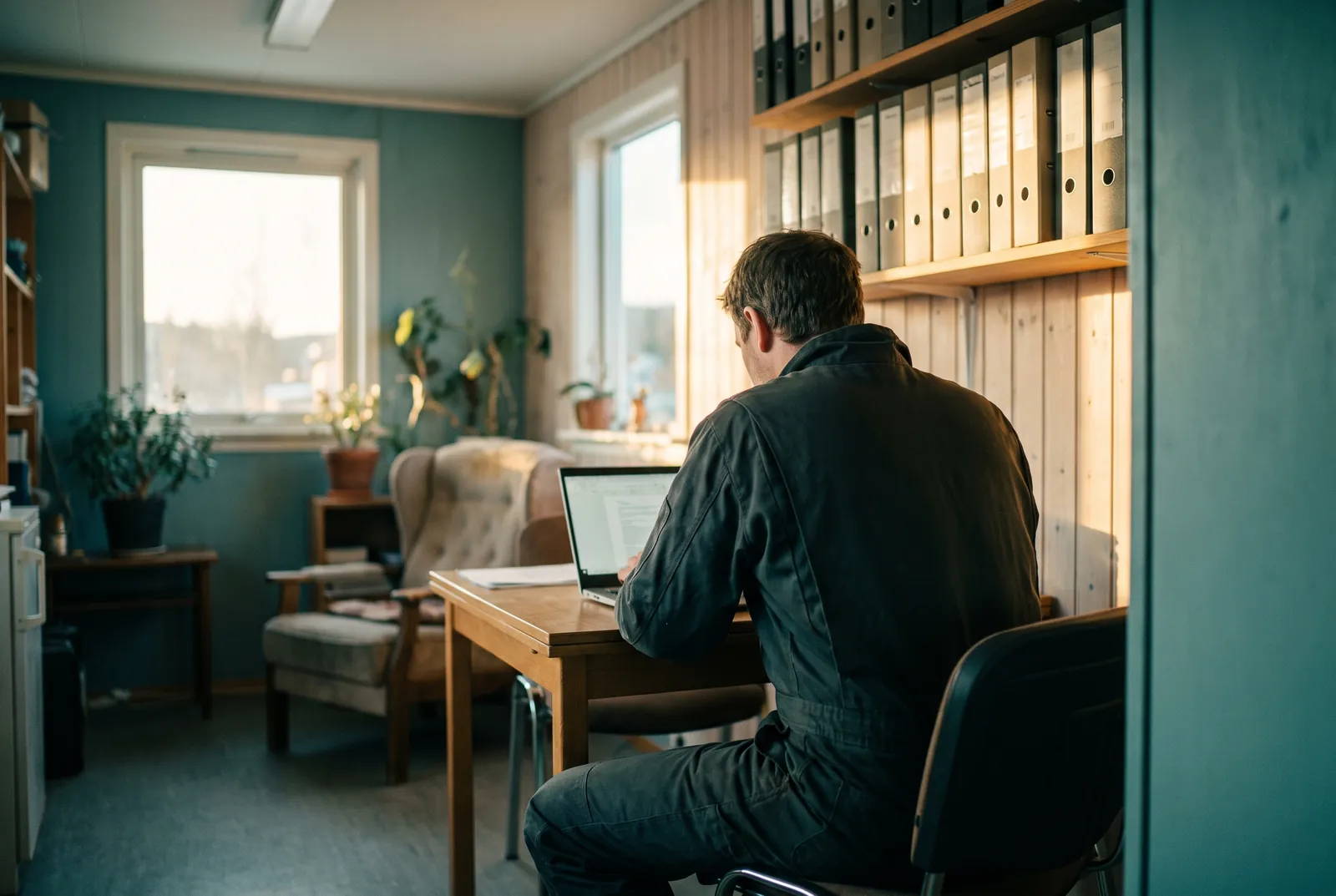 A caretaker at a laptop in a housing association's office