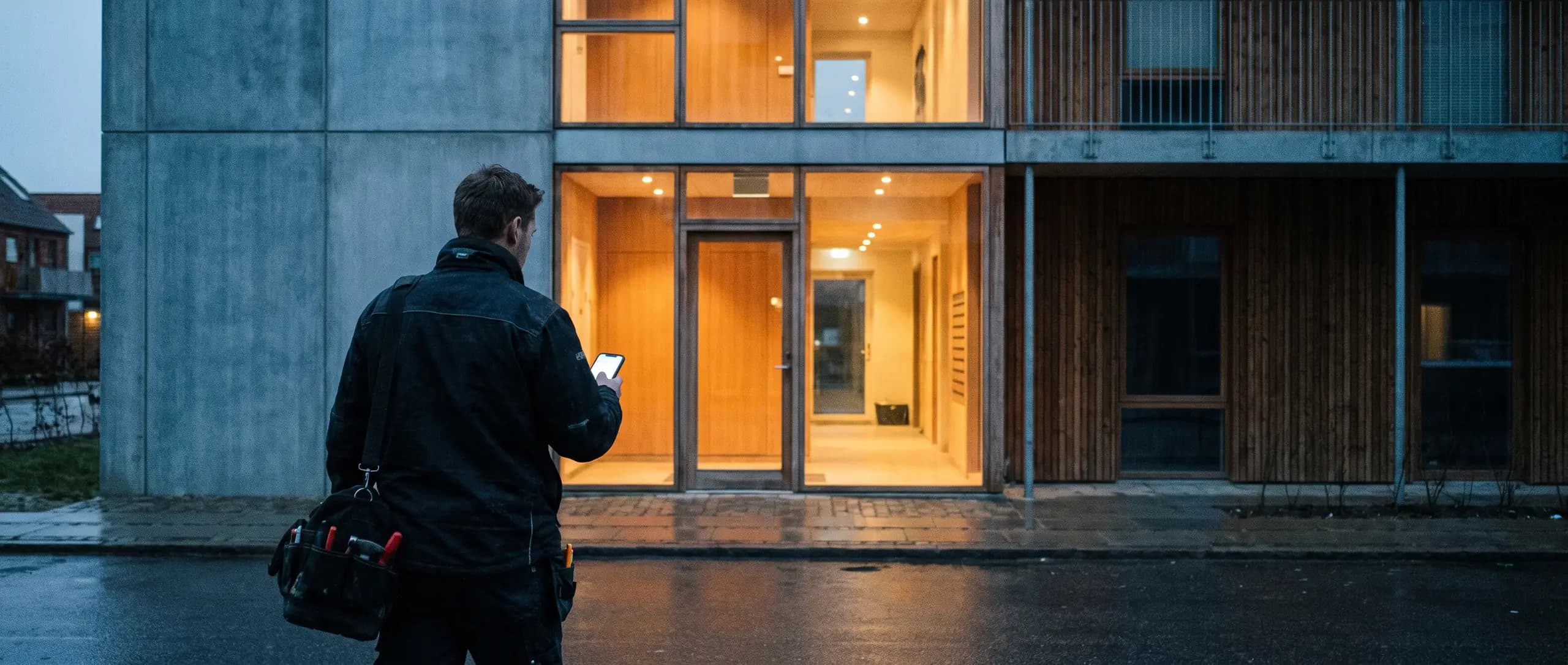 A service technician arriving at an apartment block at dusk
