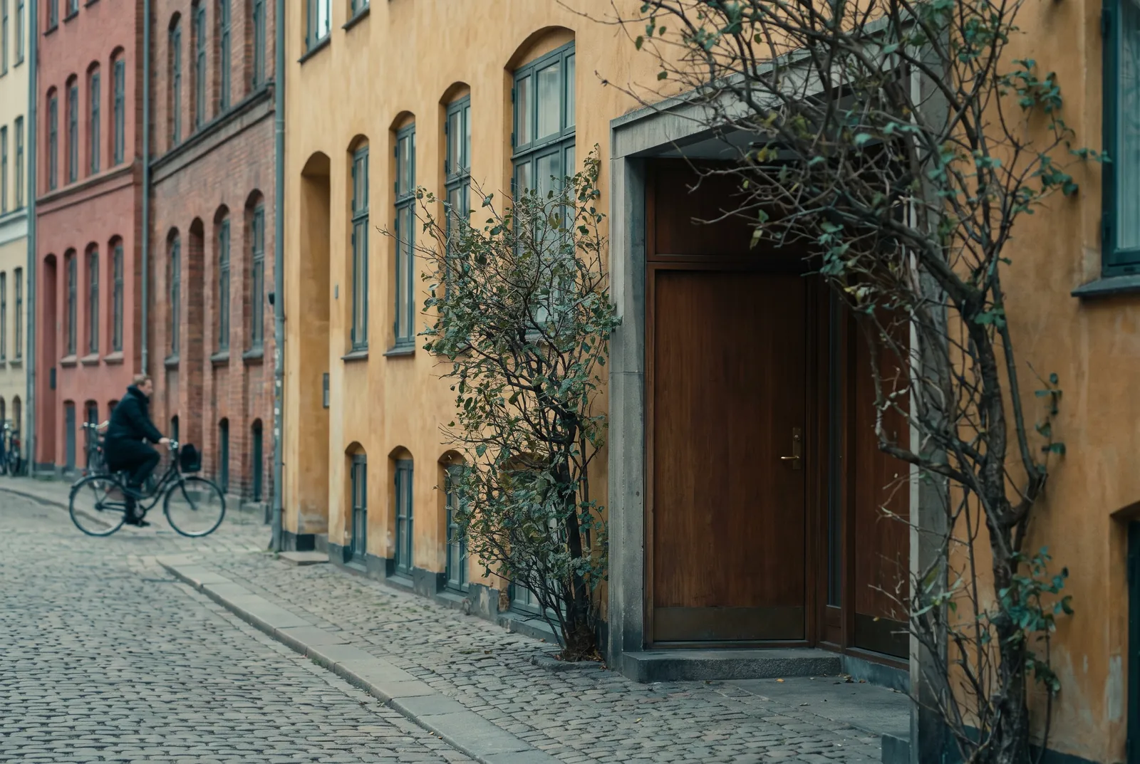 A quiet cobbled street with a wooden front door