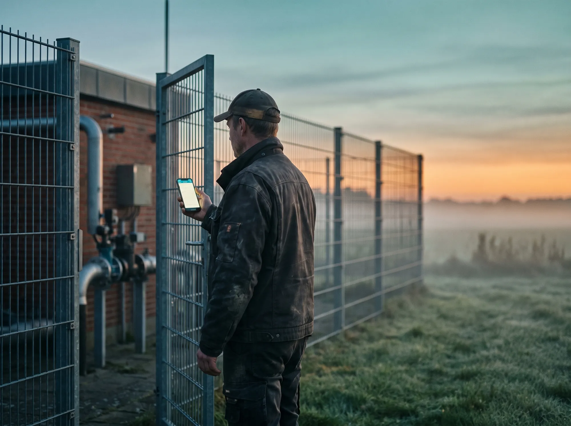 A technician at the gate of an unmanned pumping station at dawn, checking a phone