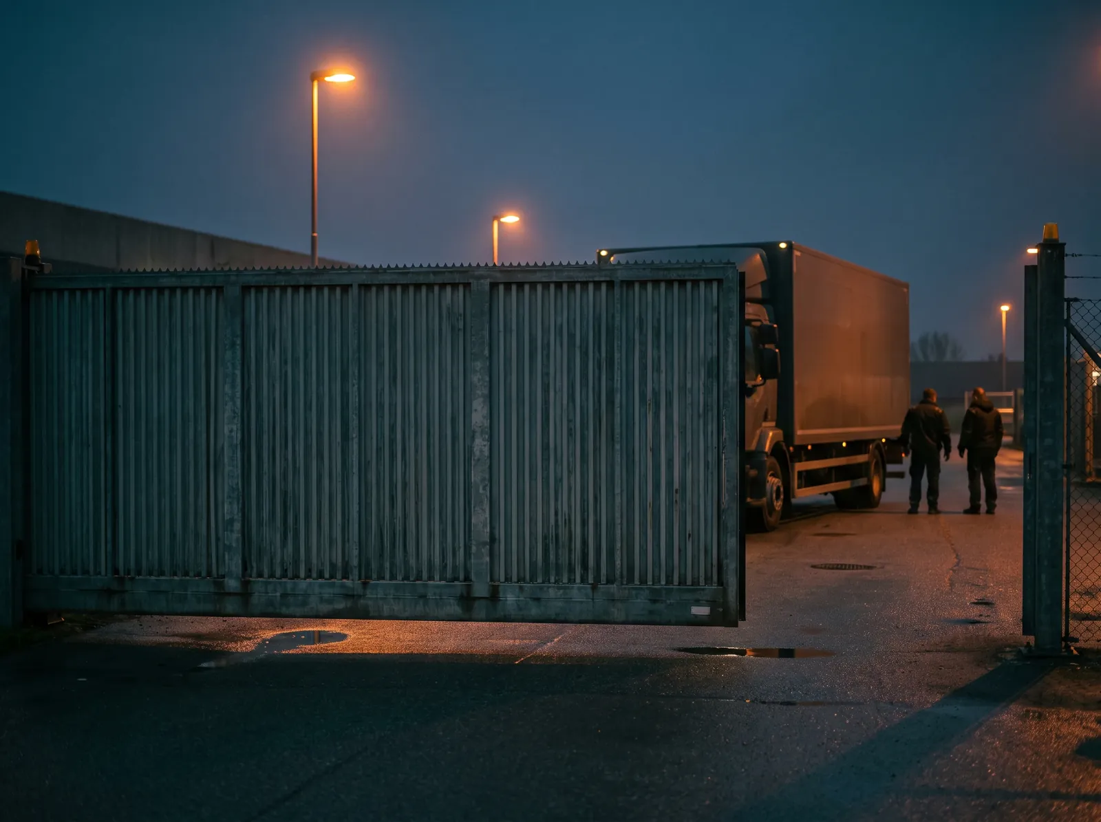 A truck waiting at a closed yard gate