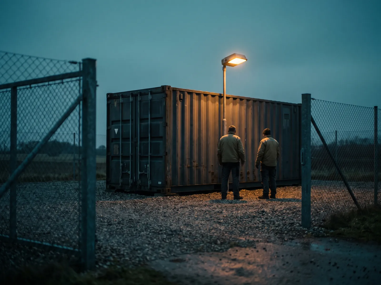 A fenced container yard after dark